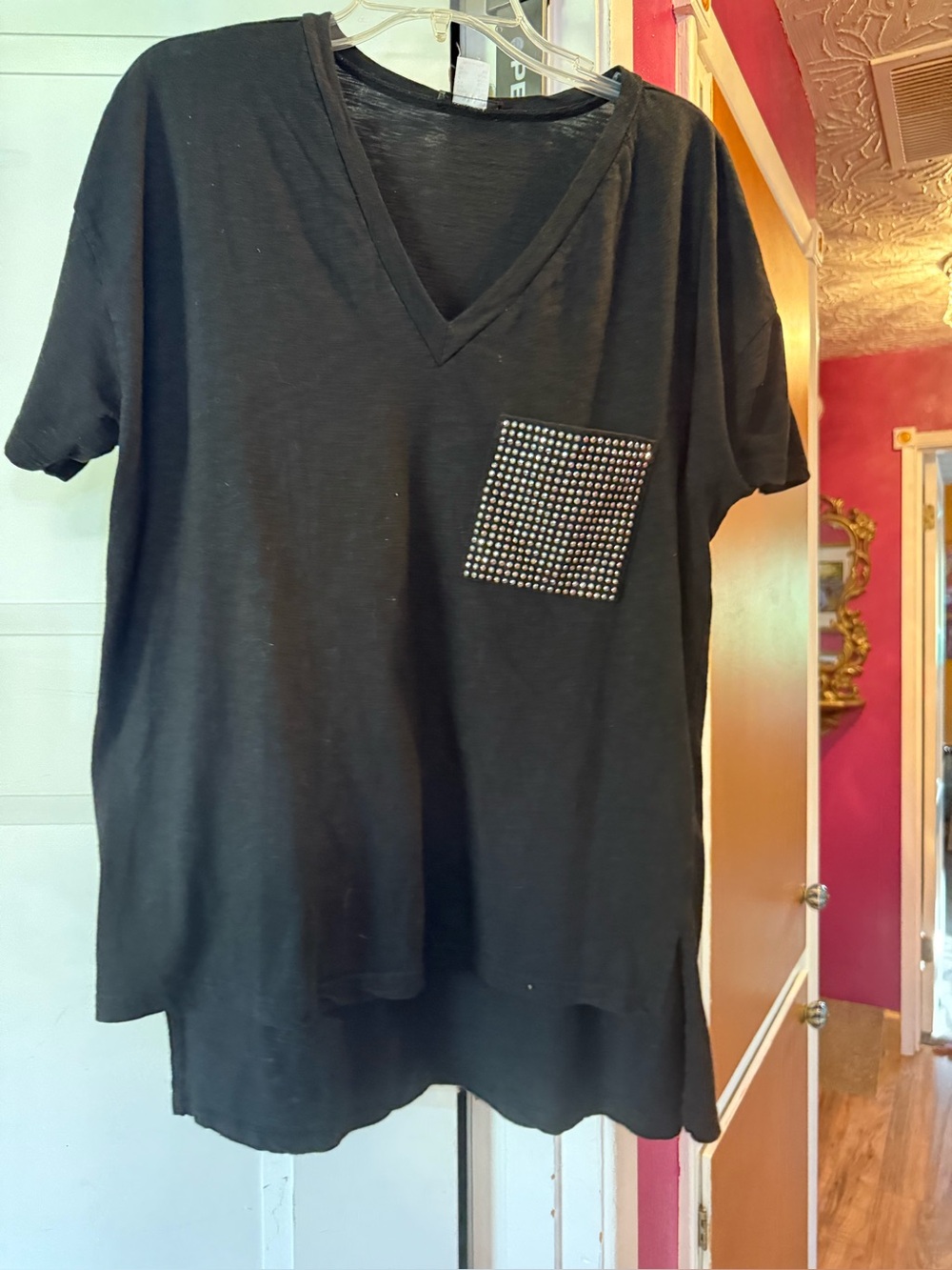 Black V-Neck Tee with Studded Pocket